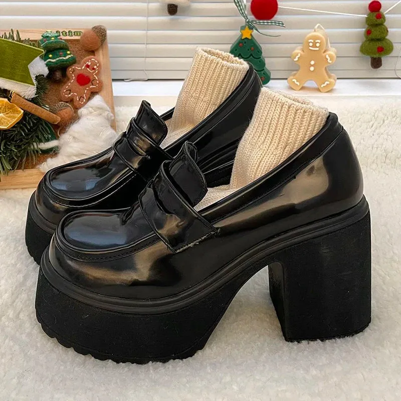 Gothic Chunky High Heels Pumps for Women | 2024 Spring Patent Leather Platform Loafers | Black Thick Heeled JK Lolita Shoes