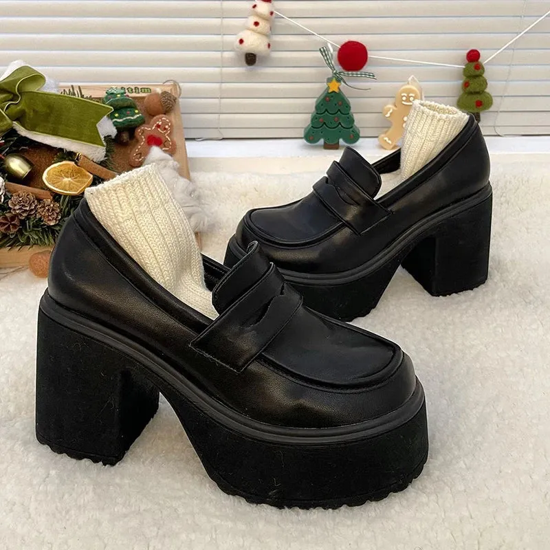 Gothic Chunky High Heels Pumps for Women | 2024 Spring Patent Leather Platform Loafers | Black Thick Heeled JK Lolita Shoes