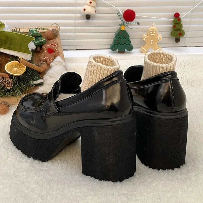 Gothic Chunky High Heels Pumps for Women | 2024 Spring Patent Leather Platform Loafers | Black Thick Heeled JK Lolita Shoes