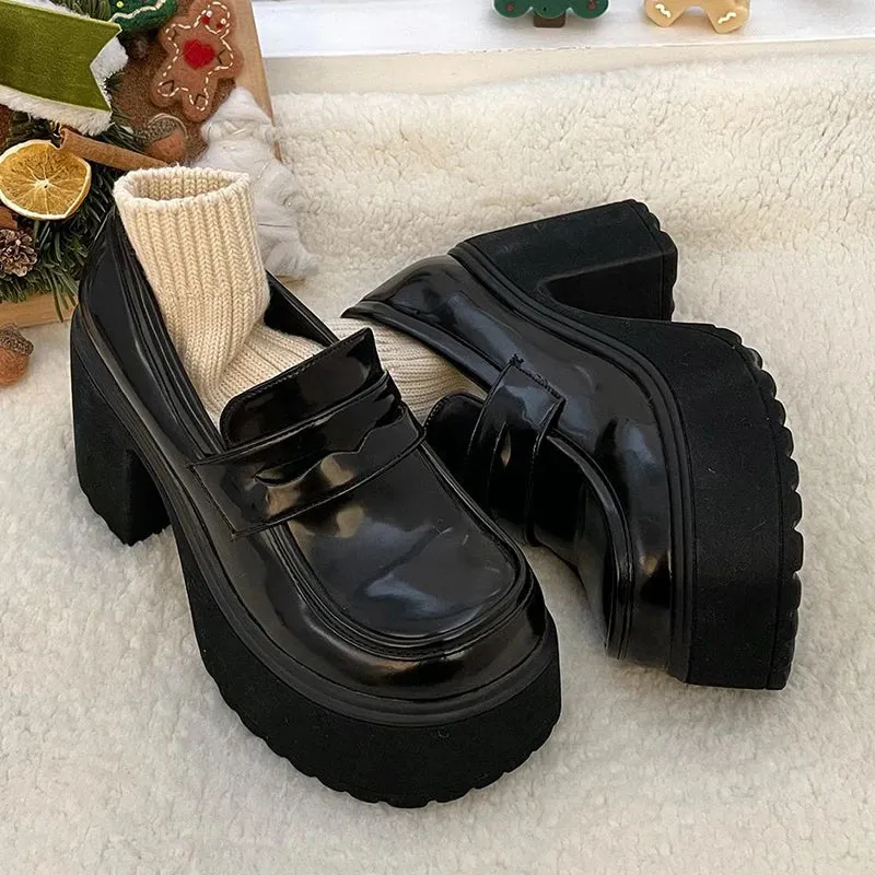 Gothic Chunky High Heels Pumps for Women | 2024 Spring Patent Leather Platform Loafers | Black Thick Heeled JK Lolita Shoes