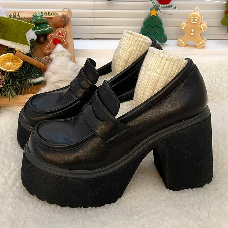 Gothic Chunky High Heels Pumps for Women | 2024 Spring Patent Leather Platform Loafers | Black Thick Heeled JK Lolita Shoes