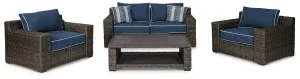 Grasson Lane Brown/Blue Outdoor Loveseat, 2 Lounge Chairs and Coffee Table