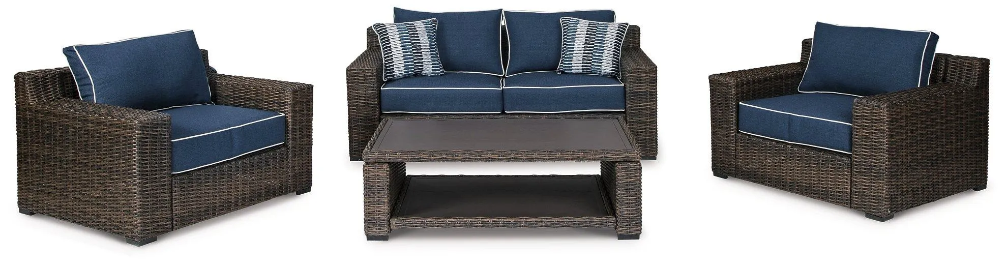 Grasson Lane Brown/Blue Outdoor Loveseat, 2 Lounge Chairs and Coffee Table