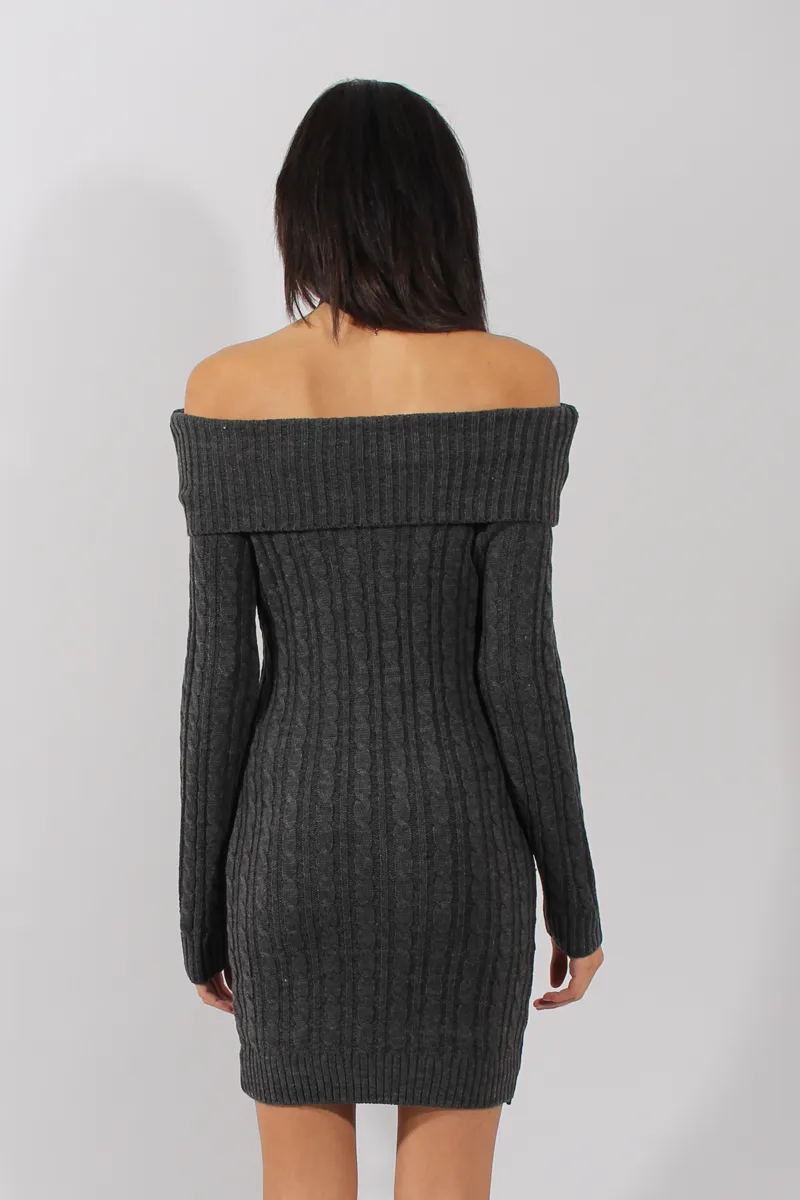 Grey Bardot Cable Knit Jumper Dress - Peeta