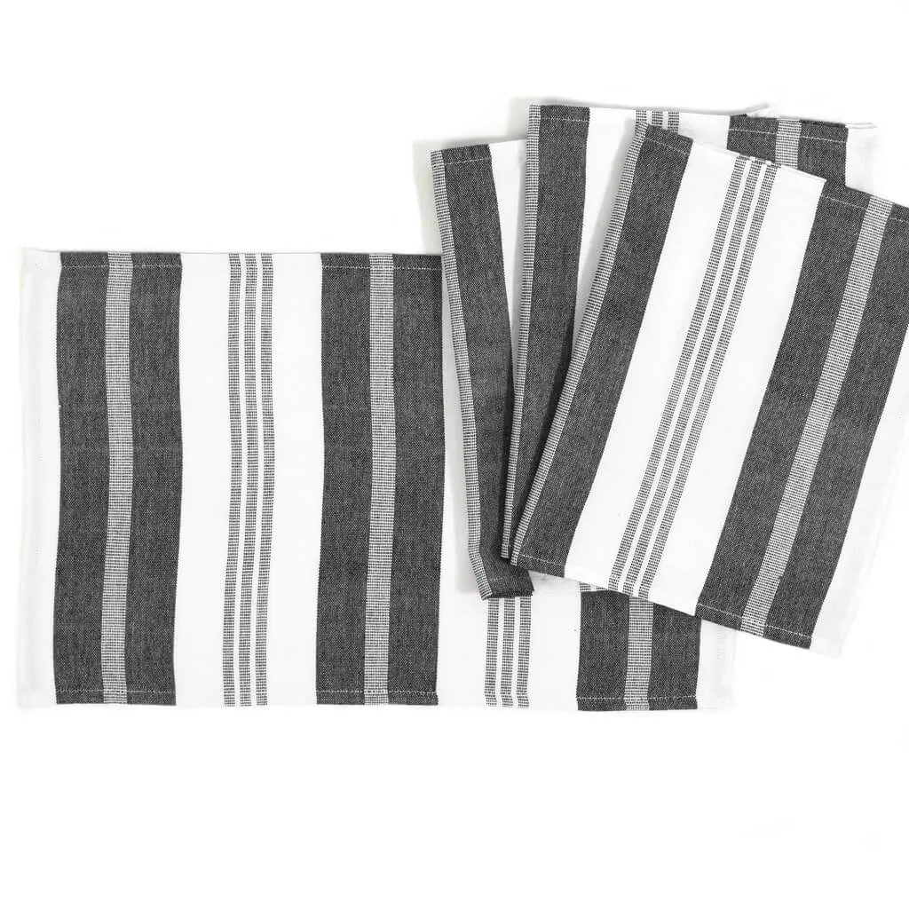 Hand Woven Striped Placemat Set | Black & White Stripes