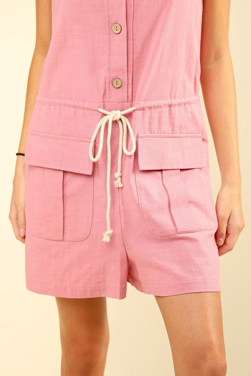 Hazel Blues® |  VERY J Half Button Drawstring Sleeveless Romper