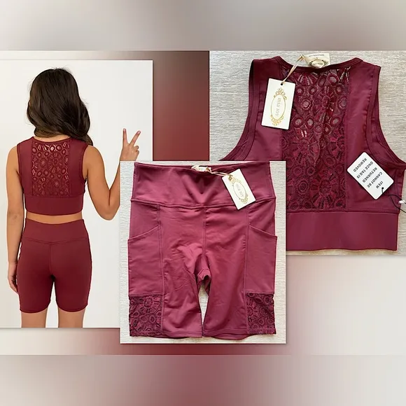 🌺Joyfolie Renata Bike Burgundy Shorts w Lace &amp; a Coordinating Sports Bra, NWT✨