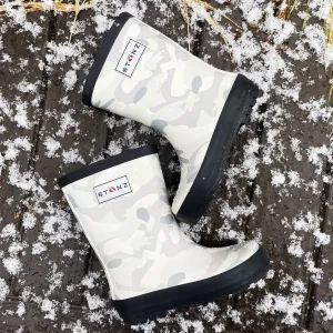 Kid's Stonz rubber Rain Boots in light grey camo print