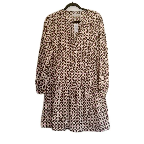 LOFT Dress Geometric Paisley Graphic Gold Buttons Dress Size 12 MSRP 129 NWT