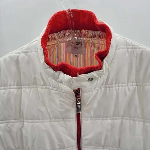 Looft White Red Trim Multi Color Striped Lining Zip Up Snap Collar Puffy‎ Coat