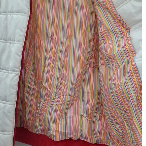 Looft White Red Trim Multi Color Striped Lining Zip Up Snap Collar Puffy‎ Coat