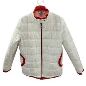 Looft White Red Trim Multi Color Striped Lining Zip Up Snap Collar Puffy‎ Coat