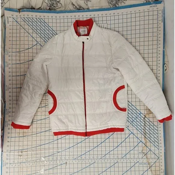 Looft White Red Trim Multi Color Striped Lining Zip Up Snap Collar Puffy‎ Coat