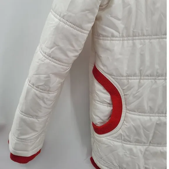 Looft White Red Trim Multi Color Striped Lining Zip Up Snap Collar Puffy‎ Coat