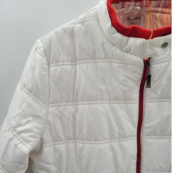 Looft White Red Trim Multi Color Striped Lining Zip Up Snap Collar Puffy‎ Coat