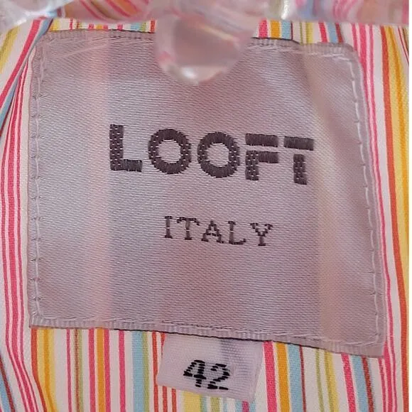 Looft White Red Trim Multi Color Striped Lining Zip Up Snap Collar Puffy‎ Coat