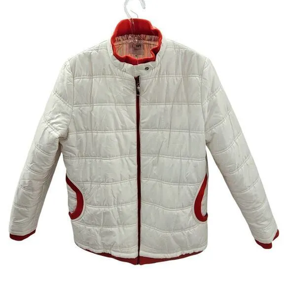 Looft White Red Trim Multi Color Striped Lining Zip Up Snap Collar Puffy‎ Coat