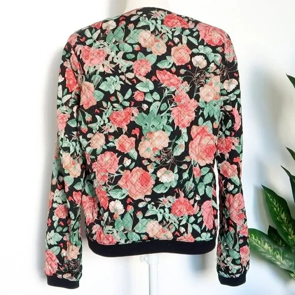 Lovers   Friends Black Pink Green Floral Quilted Bomber Jacket Size Medium M
