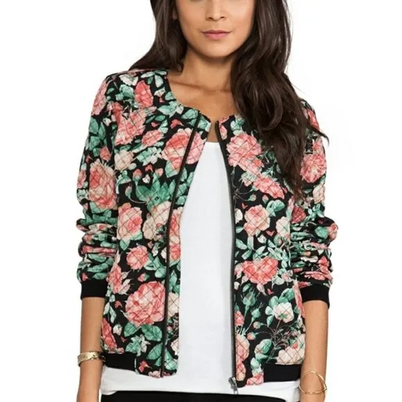Lovers   Friends Black Pink Green Floral Quilted Bomber Jacket Size Medium M