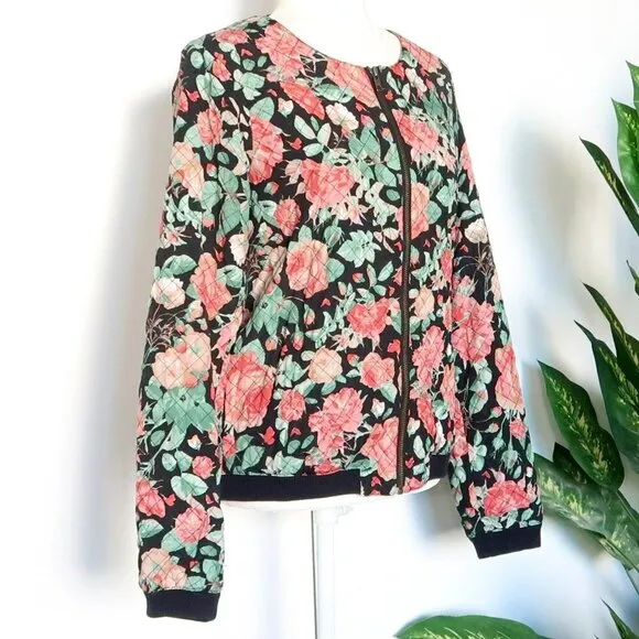 Lovers   Friends Black Pink Green Floral Quilted Bomber Jacket Size Medium M
