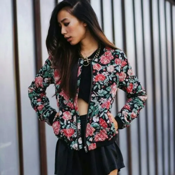 Lovers   Friends Black Pink Green Floral Quilted Bomber Jacket Size Medium M