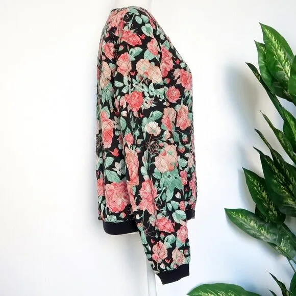 Lovers   Friends Black Pink Green Floral Quilted Bomber Jacket Size Medium M
