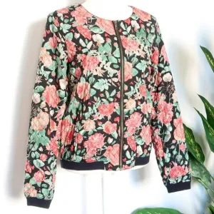 Lovers   Friends Black Pink Green Floral Quilted Bomber Jacket Size Medium M