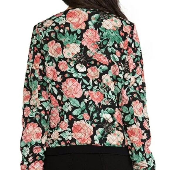 Lovers   Friends Black Pink Green Floral Quilted Bomber Jacket Size Medium M