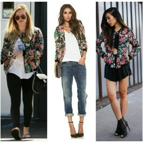 Lovers   Friends Black Pink Green Floral Quilted Bomber Jacket Size Medium M