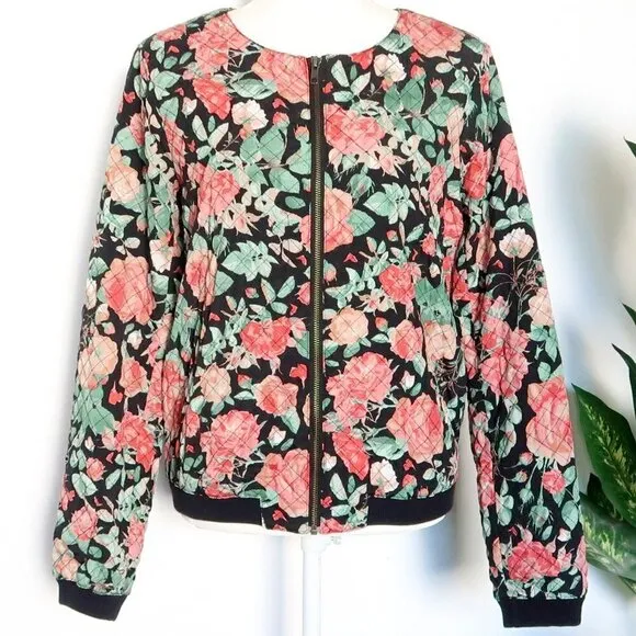 Lovers   Friends Black Pink Green Floral Quilted Bomber Jacket Size Medium M