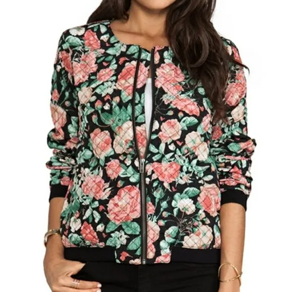 Lovers   Friends Black Pink Green Floral Quilted Bomber Jacket Size Medium M