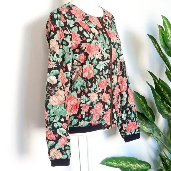 Lovers   Friends Black Pink Green Floral Quilted Bomber Jacket Size Medium M