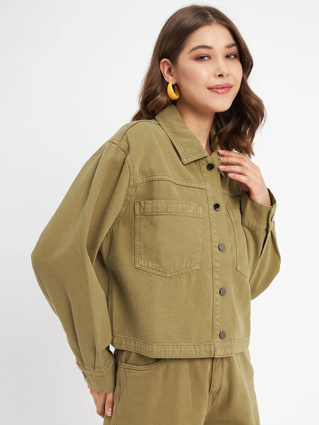 Madame Solid Olive Green Denim Jacket