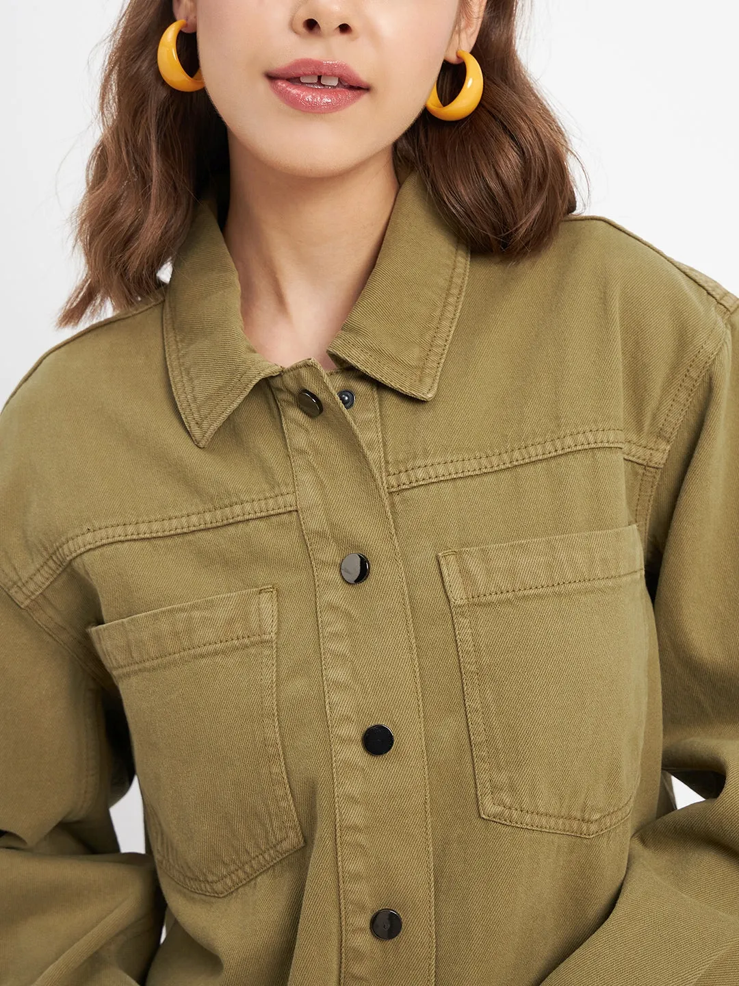 Madame Solid Olive Green Denim Jacket
