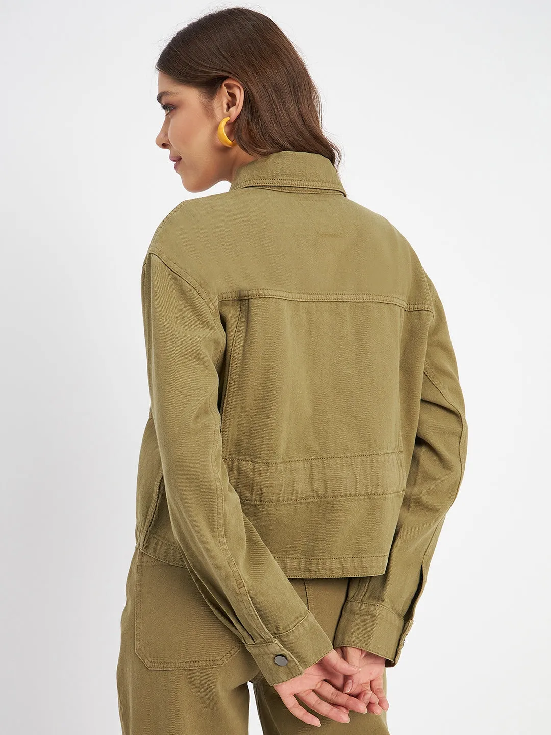 Madame Solid Olive Green Denim Jacket