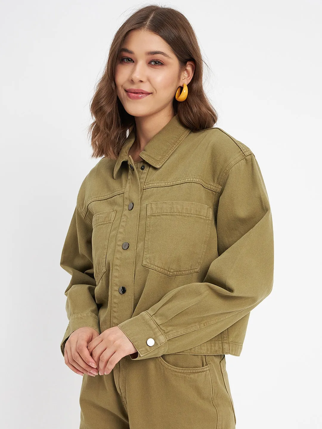 Madame Solid Olive Green Denim Jacket