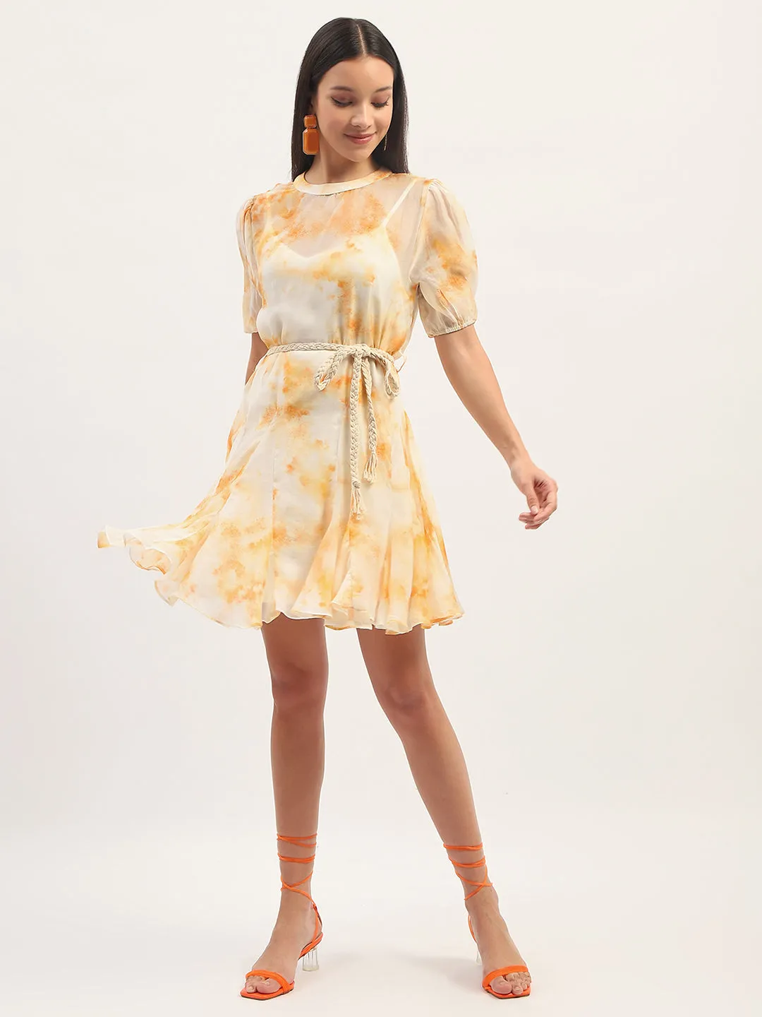 Madame Tie Dye Belted  Orange Rayon Blend Mini Dress