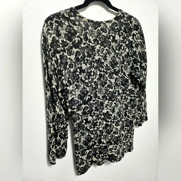 Magaschoni 100% Cashmere Black Lace Print V Neck Sweater 3/4 Sleeve Size L