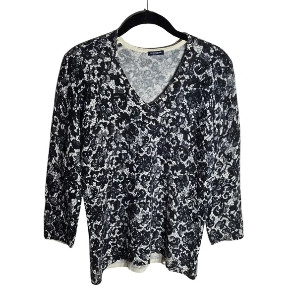 Magaschoni 100% Cashmere Black Lace Print V Neck Sweater 3/4 Sleeve Size L