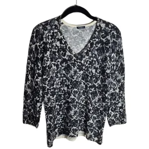 Magaschoni 100% Cashmere Black Lace Print V Neck Sweater 3/4 Sleeve Size L