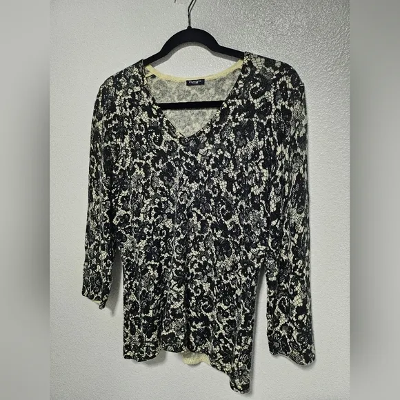 Magaschoni 100% Cashmere Black Lace Print V Neck Sweater 3/4 Sleeve Size L