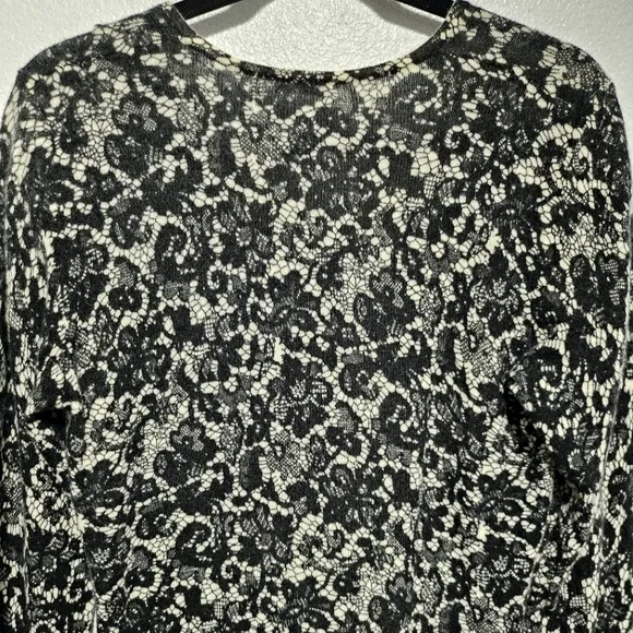 Magaschoni 100% Cashmere Black Lace Print V Neck Sweater 3/4 Sleeve Size L