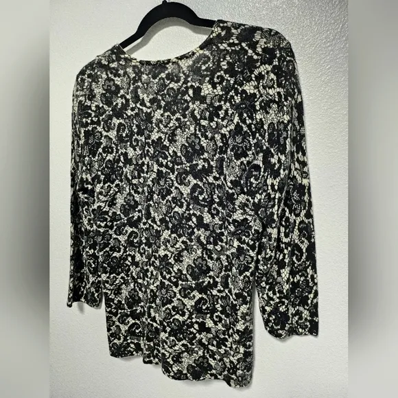 Magaschoni 100% Cashmere Black Lace Print V Neck Sweater 3/4 Sleeve Size L