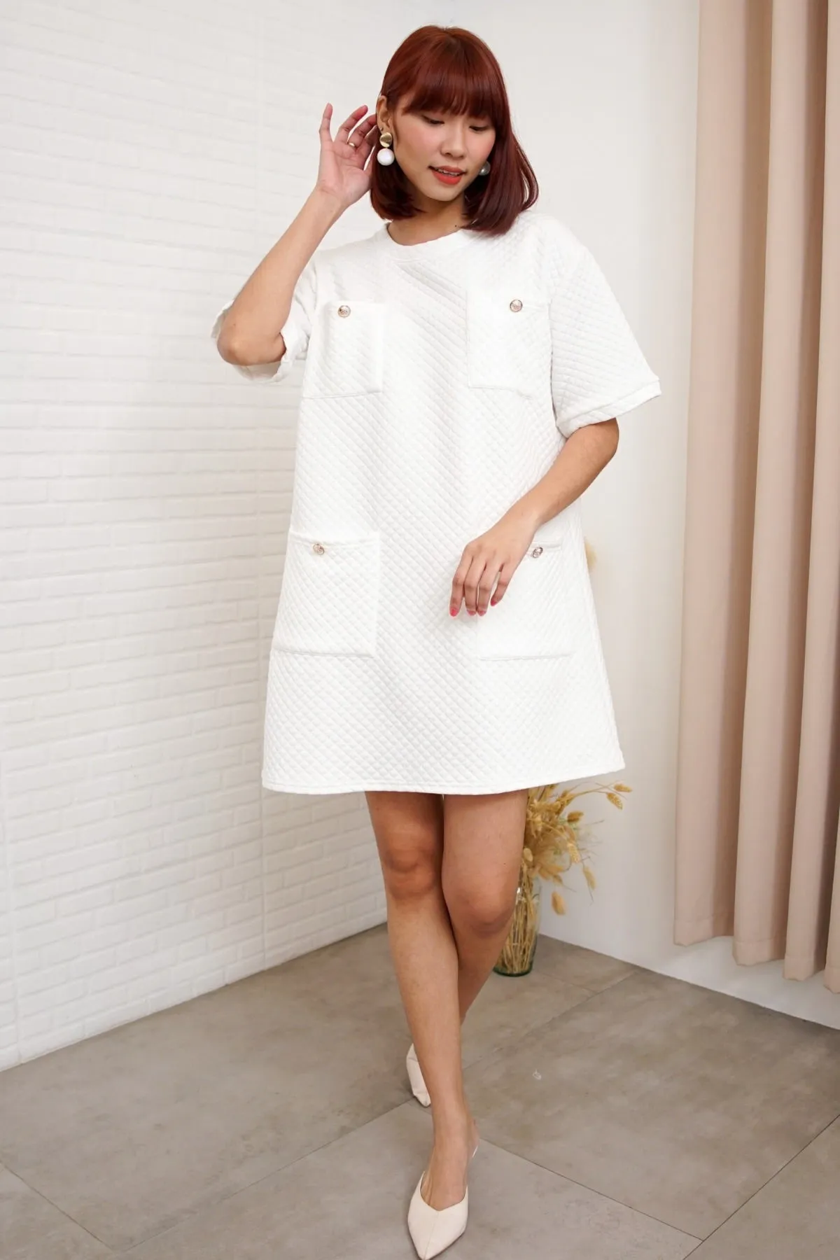 MCKENNA Diamond-Quilt Pocket Dress (White)