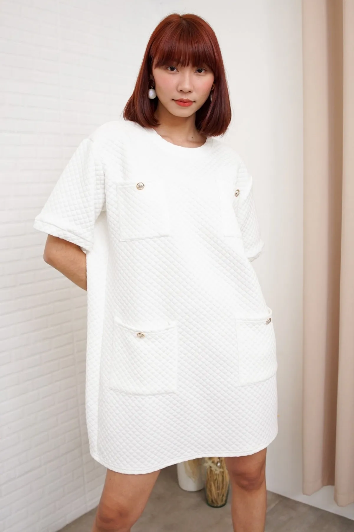 MCKENNA Diamond-Quilt Pocket Dress (White)