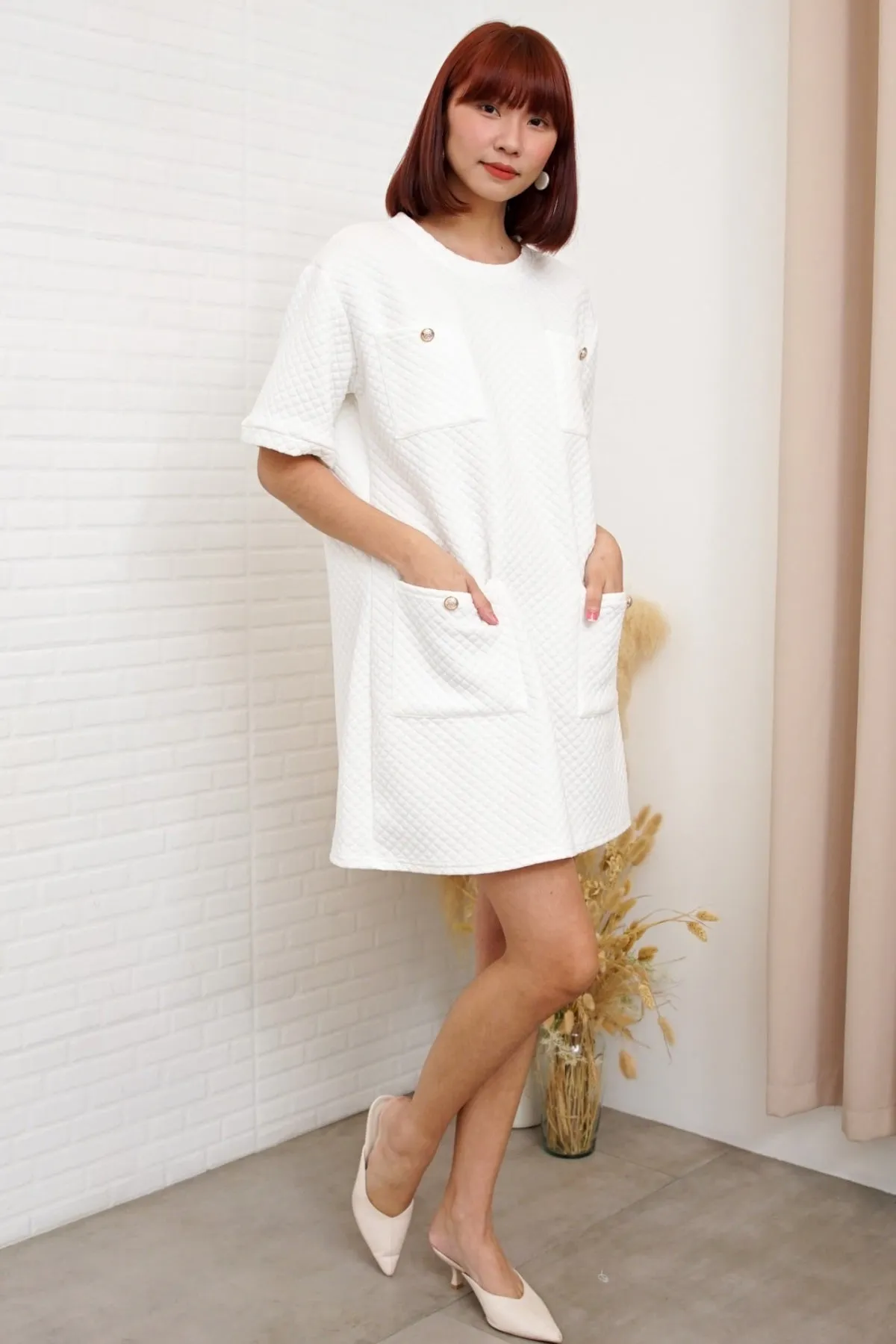MCKENNA Diamond-Quilt Pocket Dress (White)