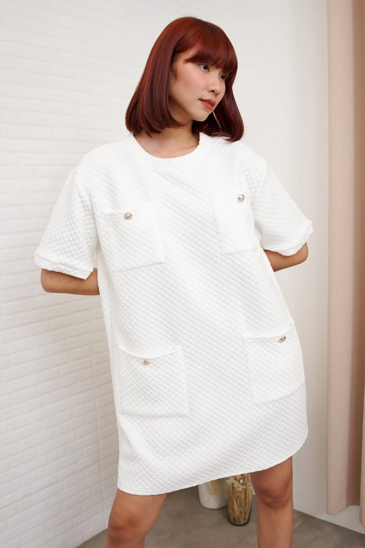 MCKENNA Diamond-Quilt Pocket Dress (White)