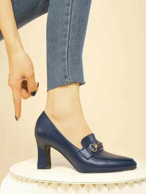 Metal Decor Point Toe Chunky Heeled Loafers