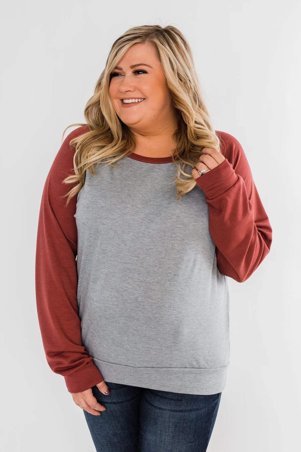 Never Let Me Go Raglan Top- Grey & Rust