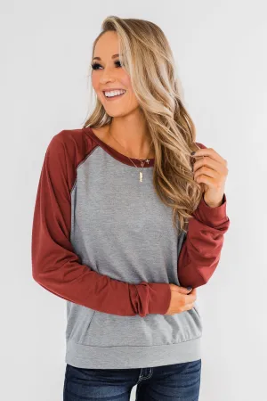 Never Let Me Go Raglan Top- Grey & Rust